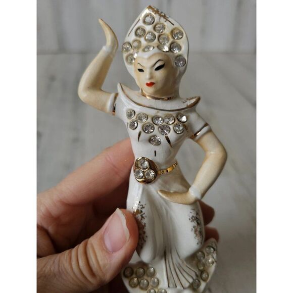 Lefton geisha dancing lady headdress queen statue vintage rhinestone figurine Ja - Picture 5 of 8
